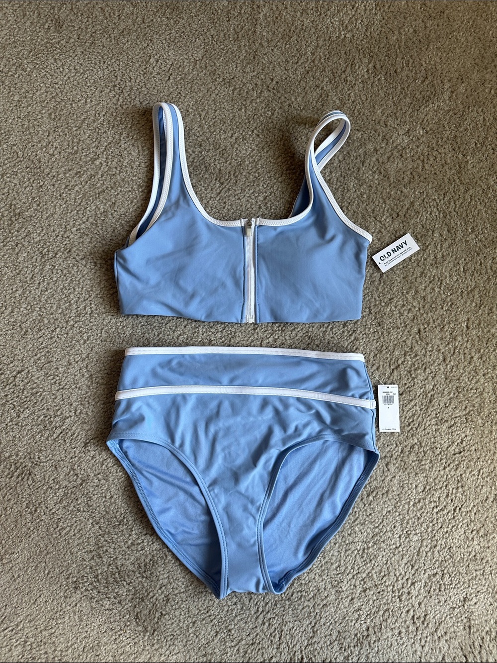 Old Navy Blue Zip-Front Sport Bikini Set with White Trim